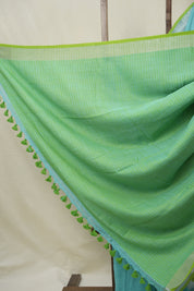 Aqua Plain Linen Saree With Parrot Green Tassels - SRAPLSWPGT344