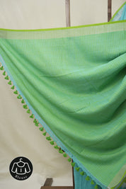 Aqua Plain Linen Saree With Parrot Green Tassels - SRAPLSWPGT344