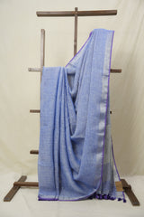 Blue Plain Linen Saree With Purple Tassels - SRBPLS472
