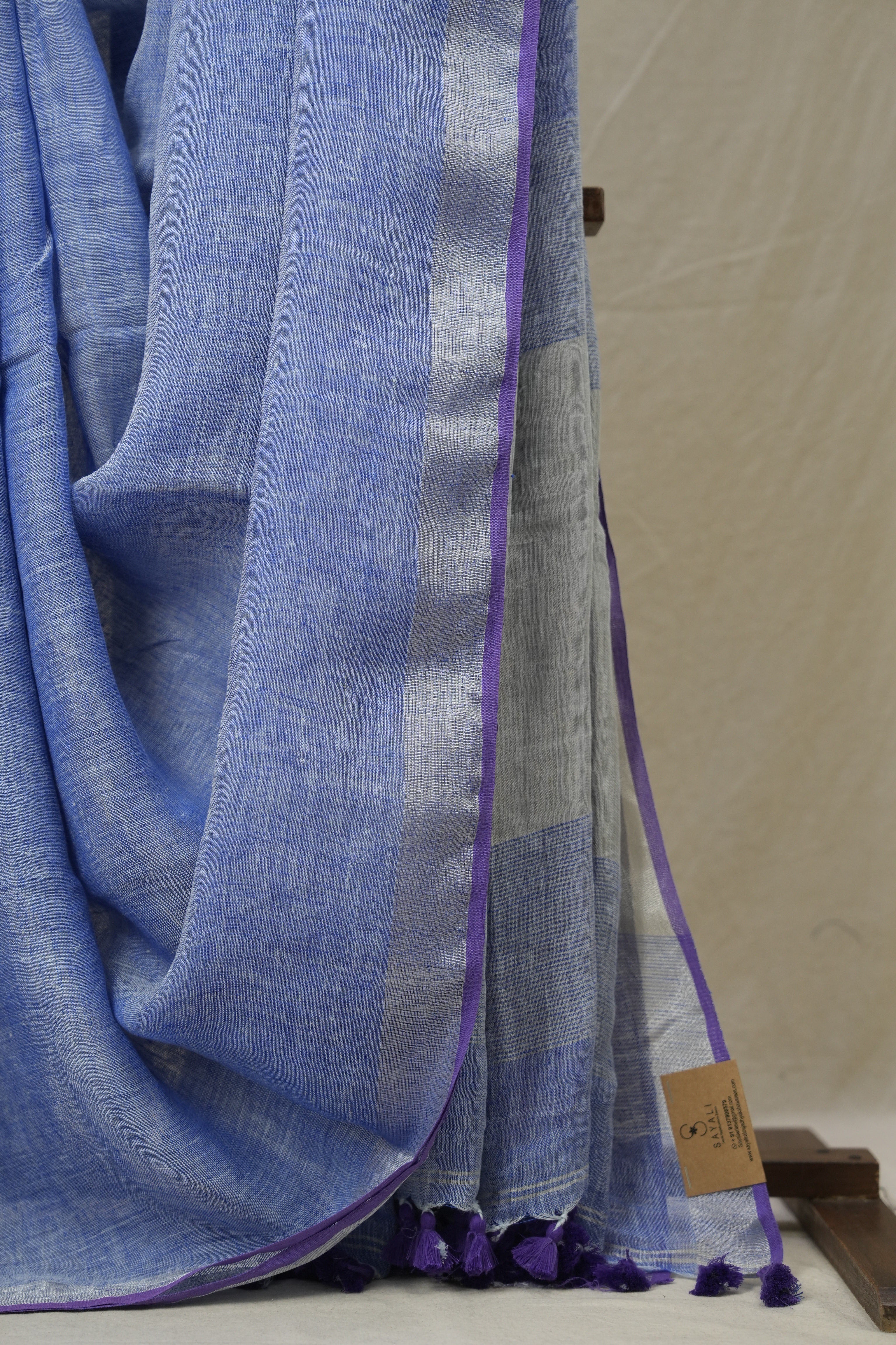 Blue Plain Linen Saree With Purple Tassels - SRBPLS472