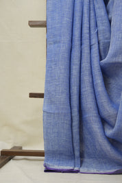 Blue Plain Linen Saree With Purple Tassels - SRBPLS472