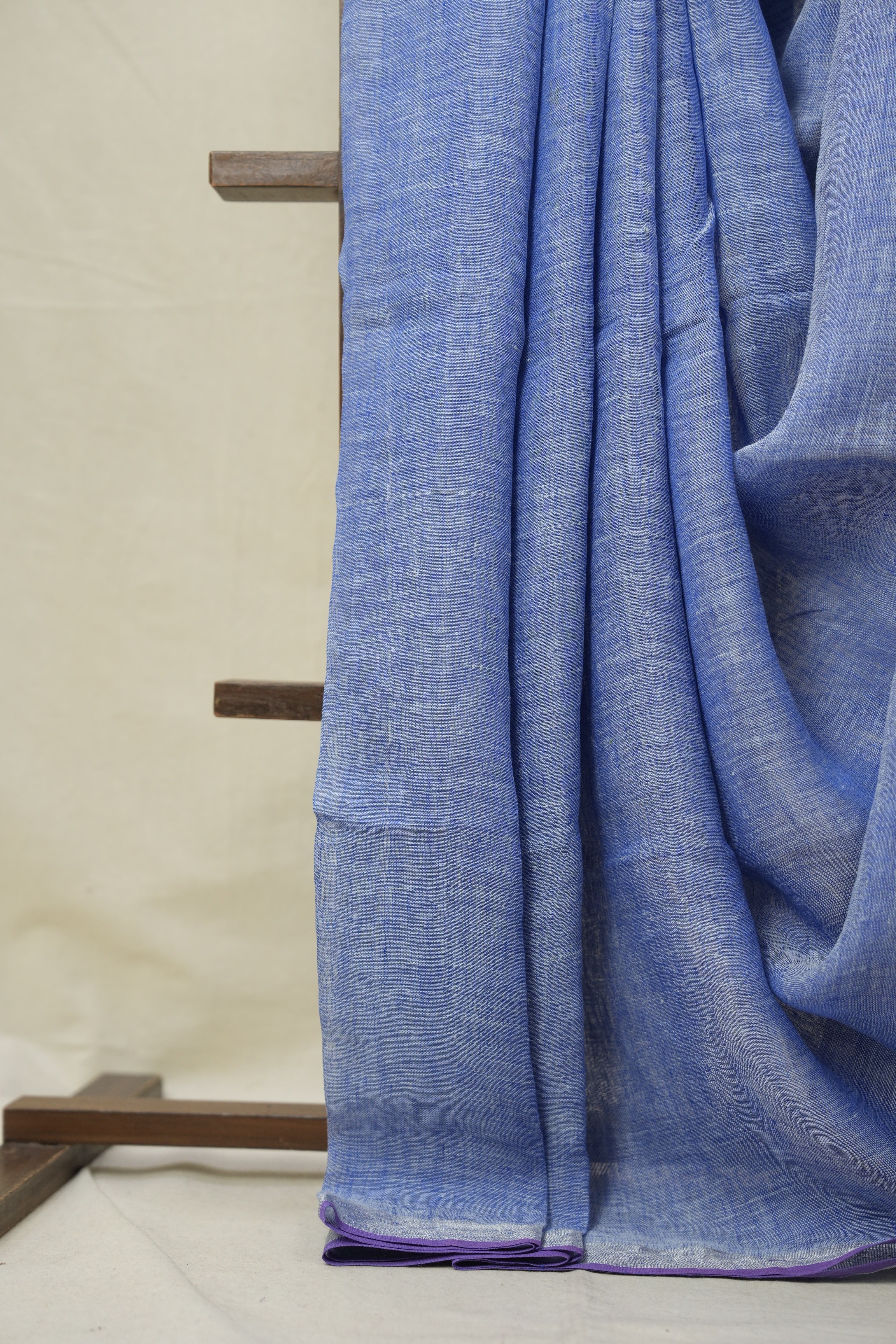 Blue Plain Linen Saree With Purple Tassels - SRBPLS472