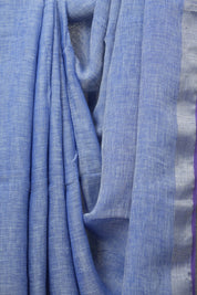 Blue Plain Linen Saree With Purple Tassels - SRBPLS472