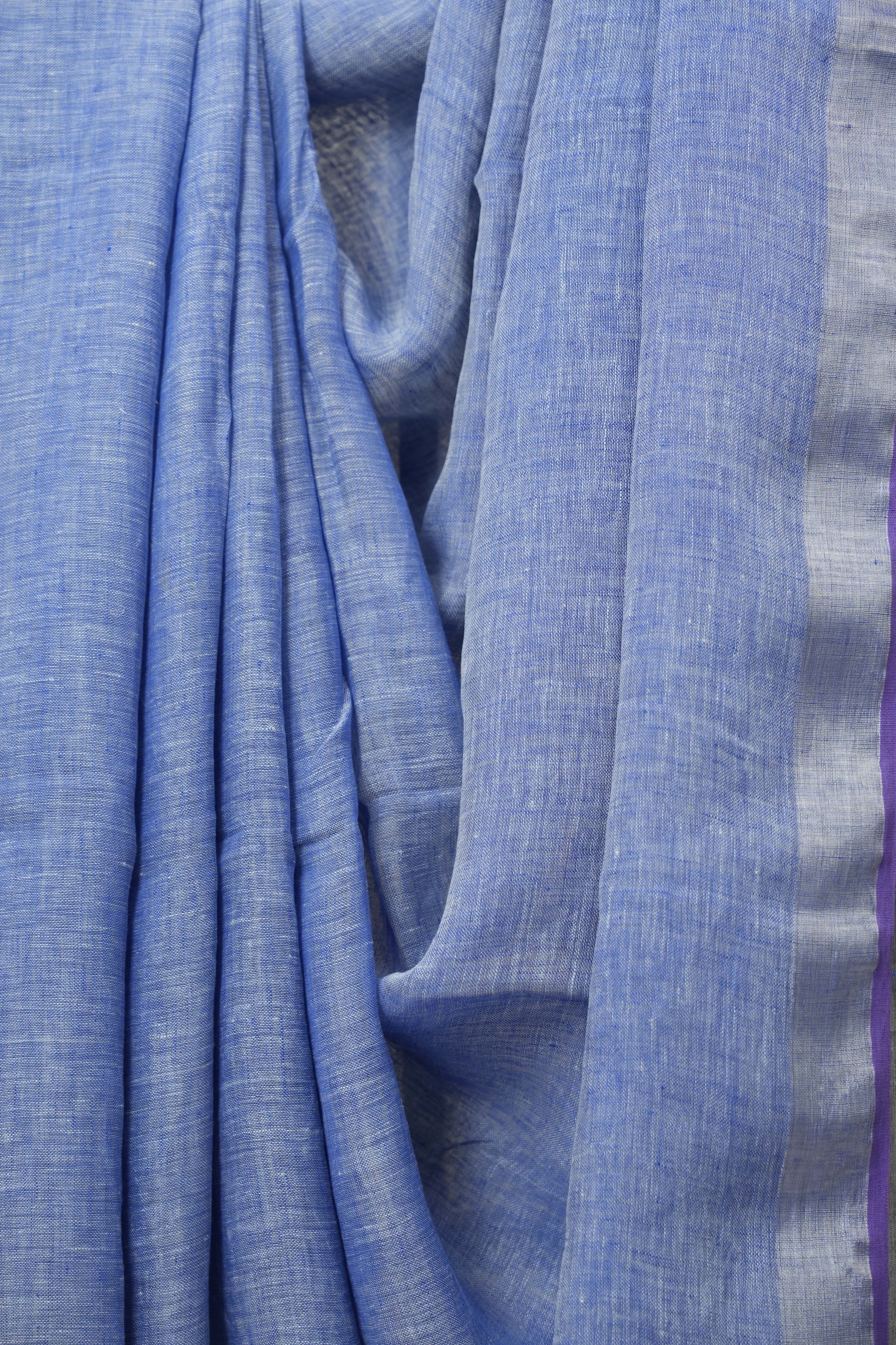 Blue Plain Linen Saree With Purple Tassels - SRBPLS472