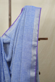 Blue Plain Linen Saree With Purple Tassels - SRBPLS472