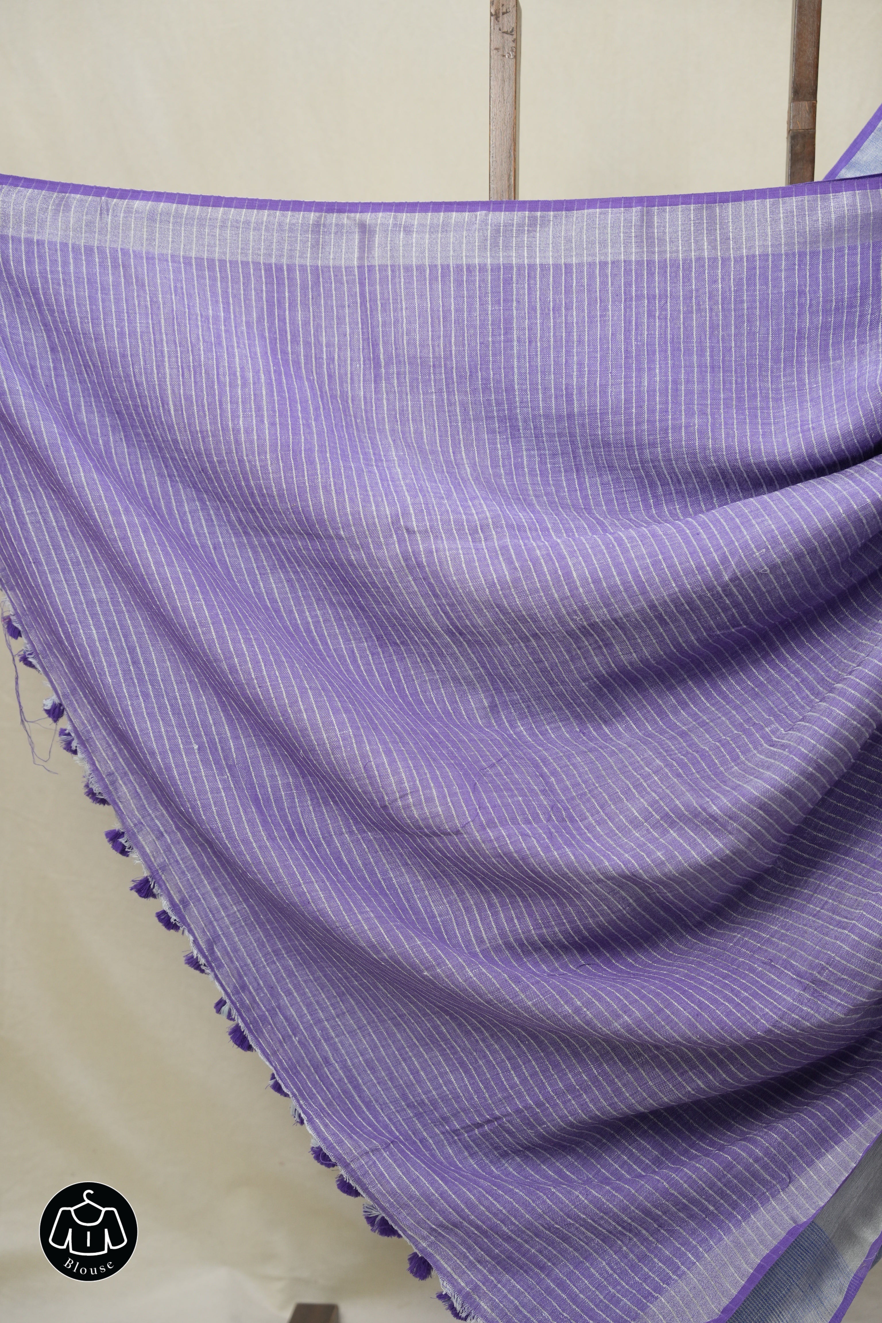 Blue Plain Linen Saree With Purple Tassels - SRBPLS472