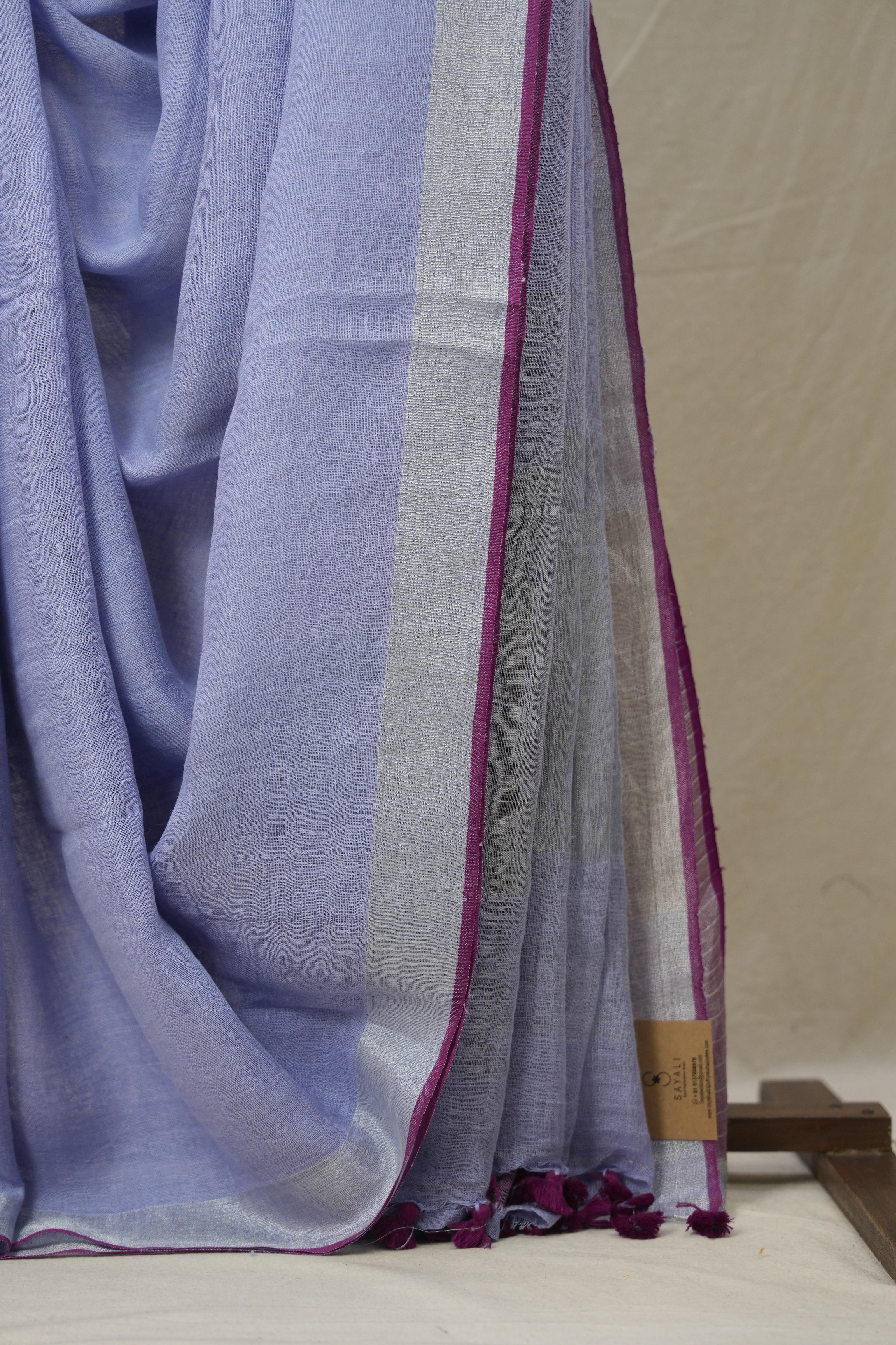 Lavender Plain Linen Saree With Magenta Tassels - SRLPLS473