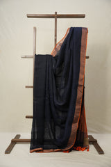 Navy Blue Plain Linen  Saree With Orange Tassels -SRNBPLS463