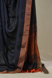 Navy Blue Plain Linen  Saree With Orange Tassels -SRNBPLS463
