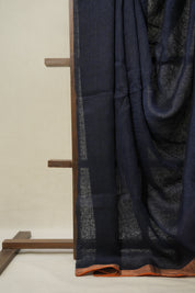 Navy Blue Plain Linen  Saree With Orange Tassels -SRNBPLS463