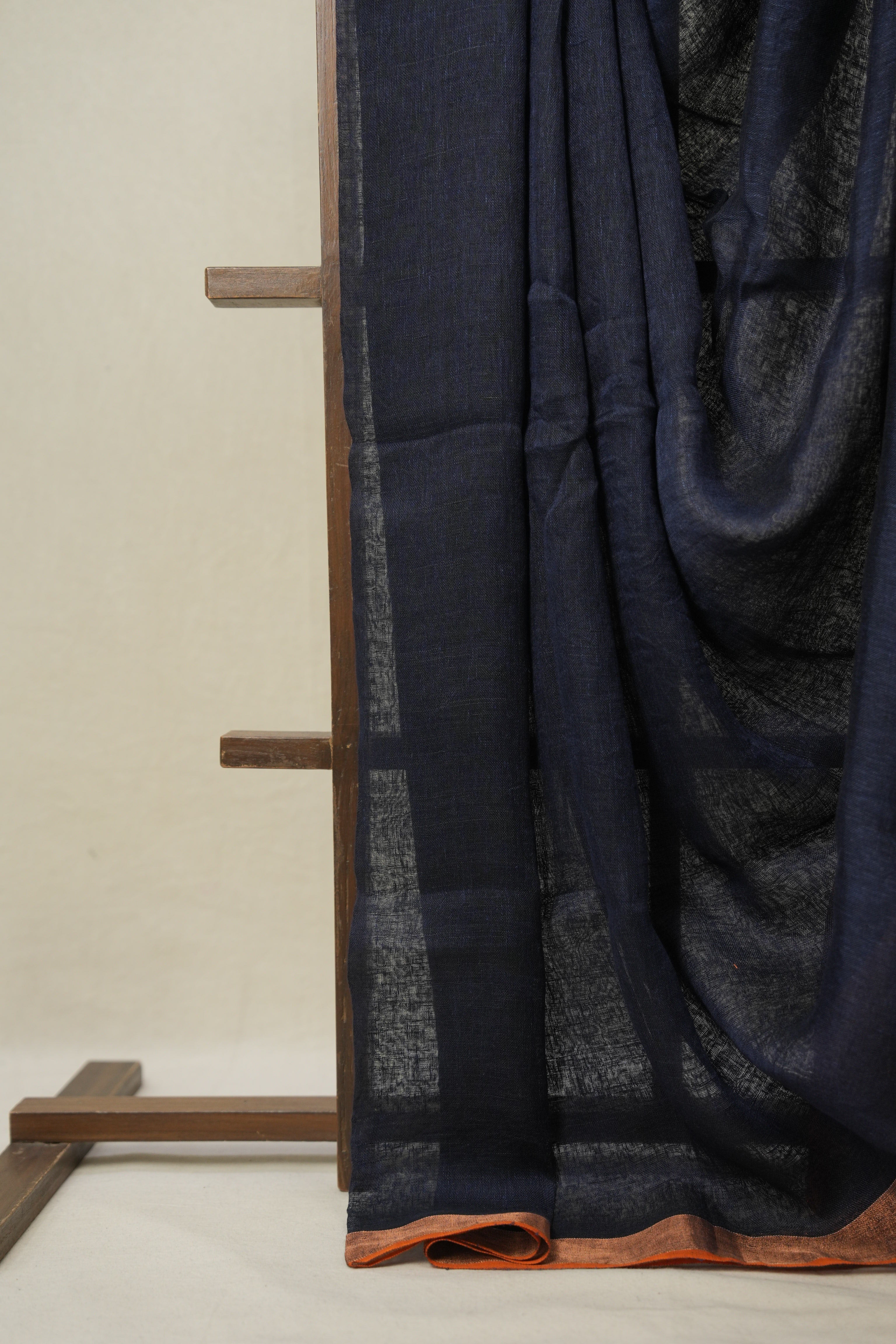 Navy Blue Plain Linen  Saree With Orange Tassels -SRNBPLS463
