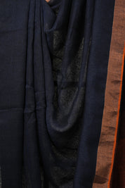 Navy Blue Plain Linen  Saree With Orange Tassels -SRNBPLS463