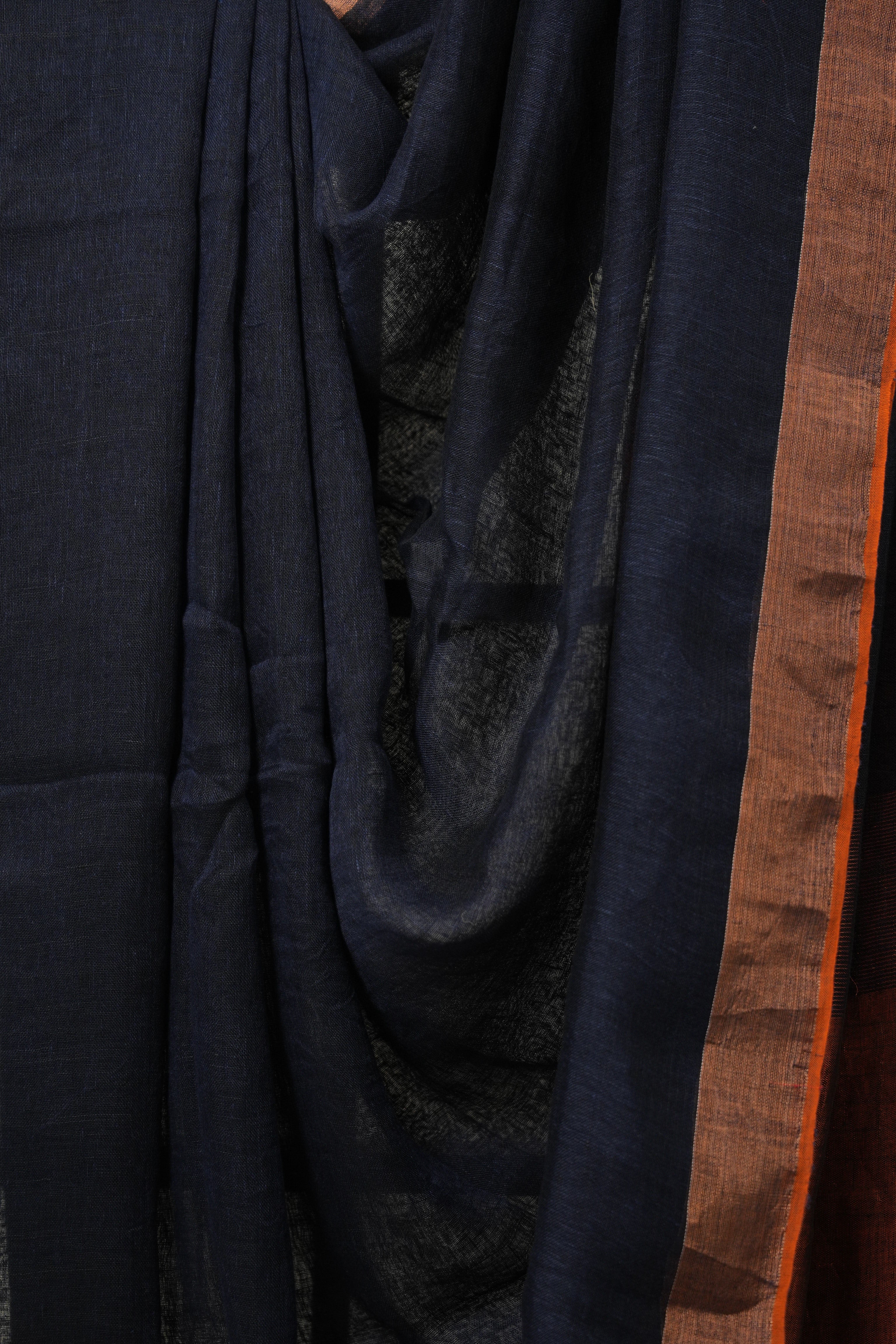 Navy Blue Plain Linen  Saree With Orange Tassels -SRNBPLS463
