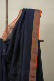 Navy Blue Plain Linen  Saree With Orange Tassels -SRNBPLS463