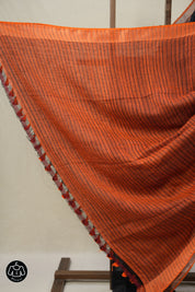 Navy Blue Plain Linen  Saree With Orange Tassels -SRNBPLS463