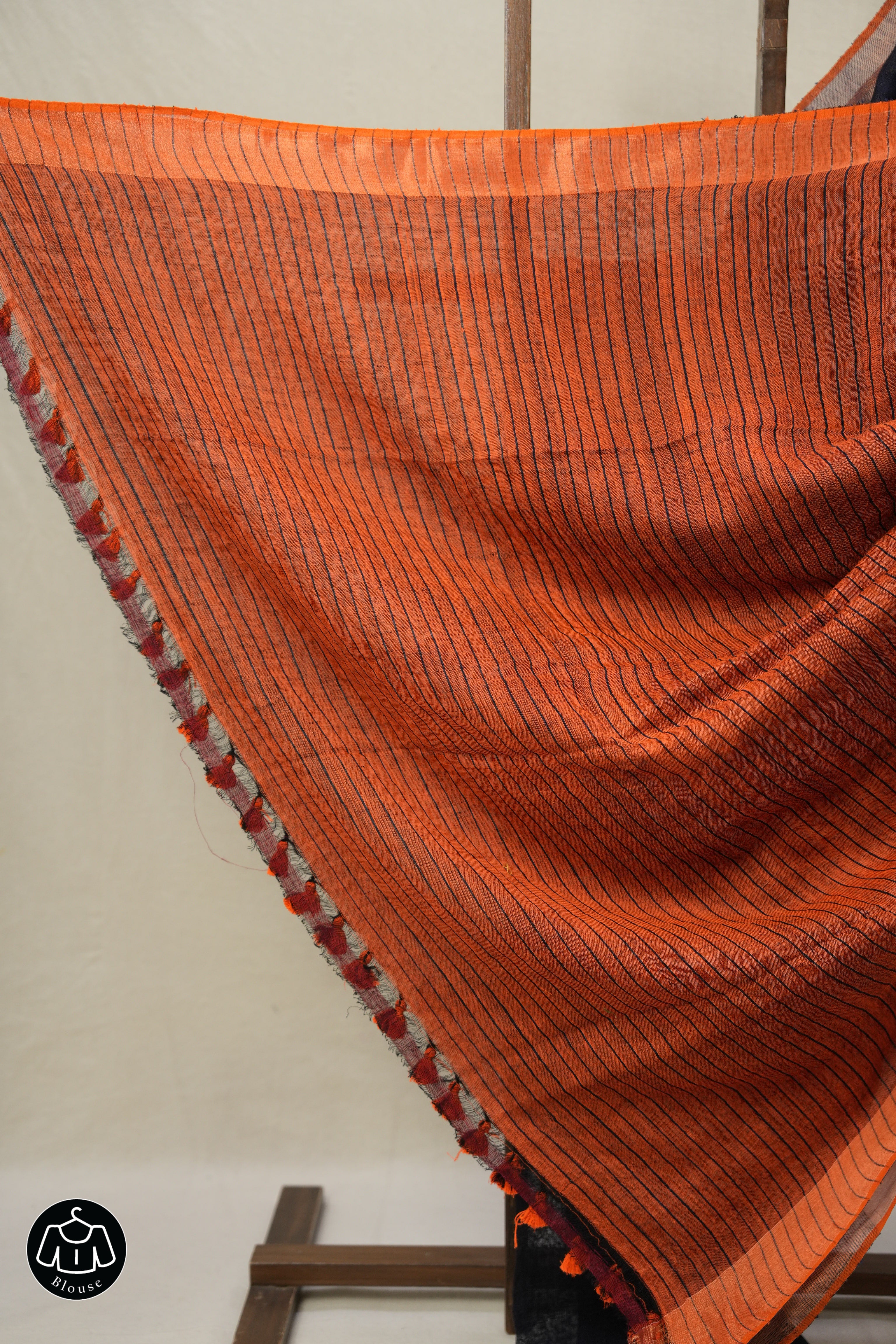 Navy Blue Plain Linen  Saree With Orange Tassels -SRNBPLS463