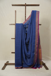 Blue Plain Linen Saree With Pink Tassels - SRBPLS467