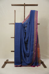 Blue Plain Linen Saree With Pink Tassels - SRBPLS467