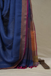 Blue Plain Linen Saree With Pink Tassels - SRBPLS467
