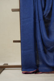 Blue Plain Linen Saree With Pink Tassels - SRBPLS467
