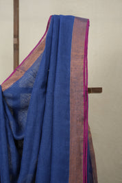 Blue Plain Linen Saree With Pink Tassels - SRBPLS467