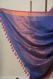 Blue Plain Linen Saree With Pink Tassels - SRBPLS467