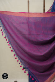 Blue Plain Linen Saree With Pink Tassels - SRBPLS467