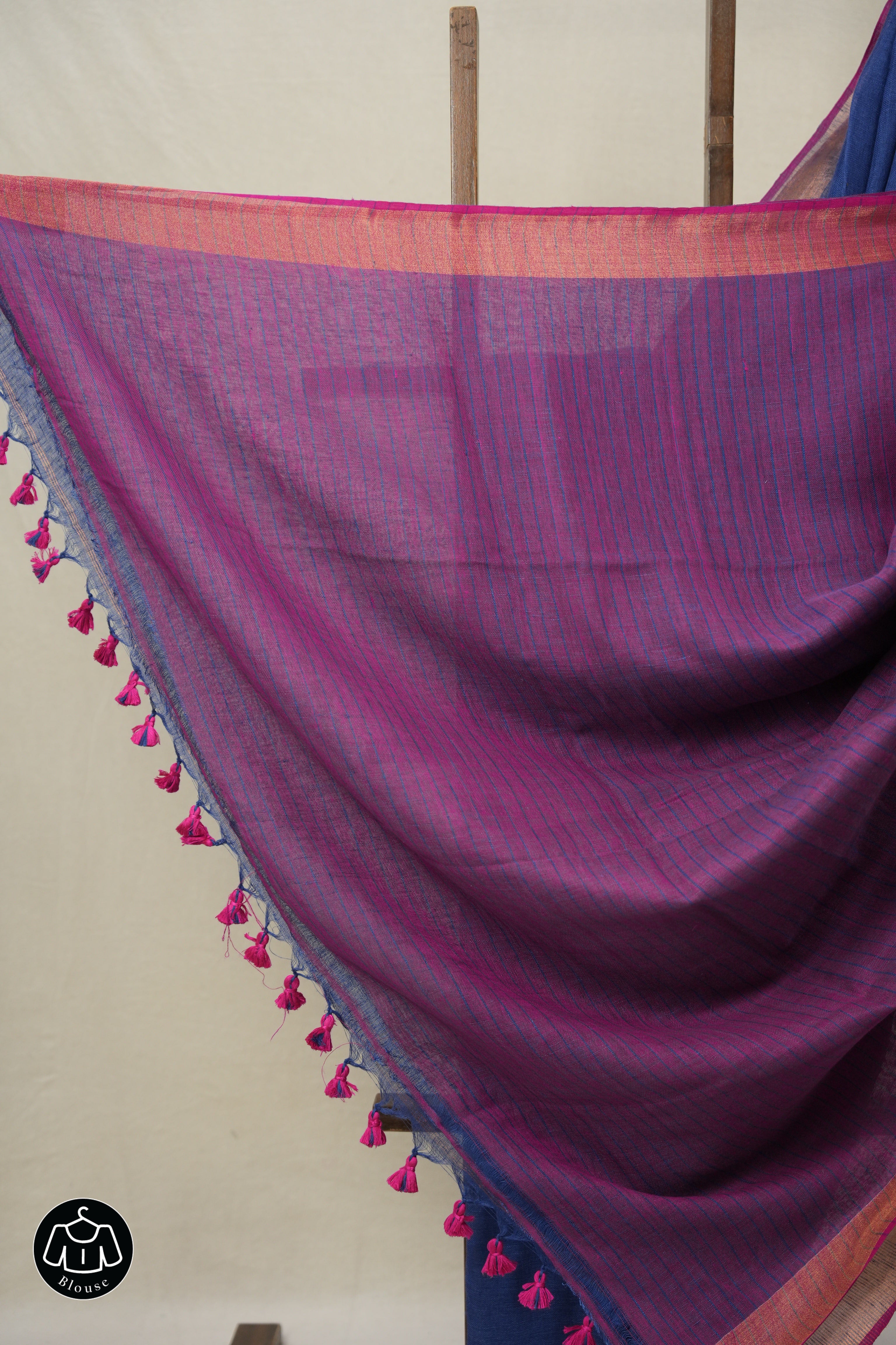 Blue Plain Linen Saree With Pink Tassels - SRBPLS467