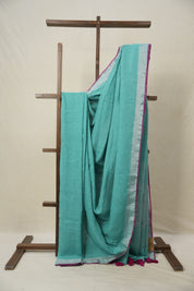 Aqua Plain Linen Saree With Pink Tassels -SRAPLS464