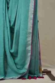 Aqua Plain Linen Saree With Pink Tassels -SRAPLS464