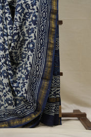 Indigo HBP Cotton Silk Saree With Maheshwari Border - SRICSS1384