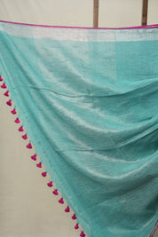 Aqua Plain Linen Saree With Pink Tassels -SRAPLS464