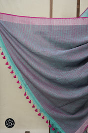 Aqua Plain Linen Saree With Pink Tassels -SRAPLS464