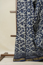 Indigo HBP Cotton Silk Saree With Maheshwari Border - SRICSS1384