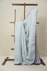 Pastel Sky Blue Plain Linen Saree With Purple Tassels -SRPSBPLS469