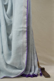 Pastel Sky Blue Plain Linen Saree With Purple Tassels -SRPSBPLS469