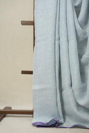 Pastel Sky Blue Plain Linen Saree With Purple Tassels -SRPSBPLS469