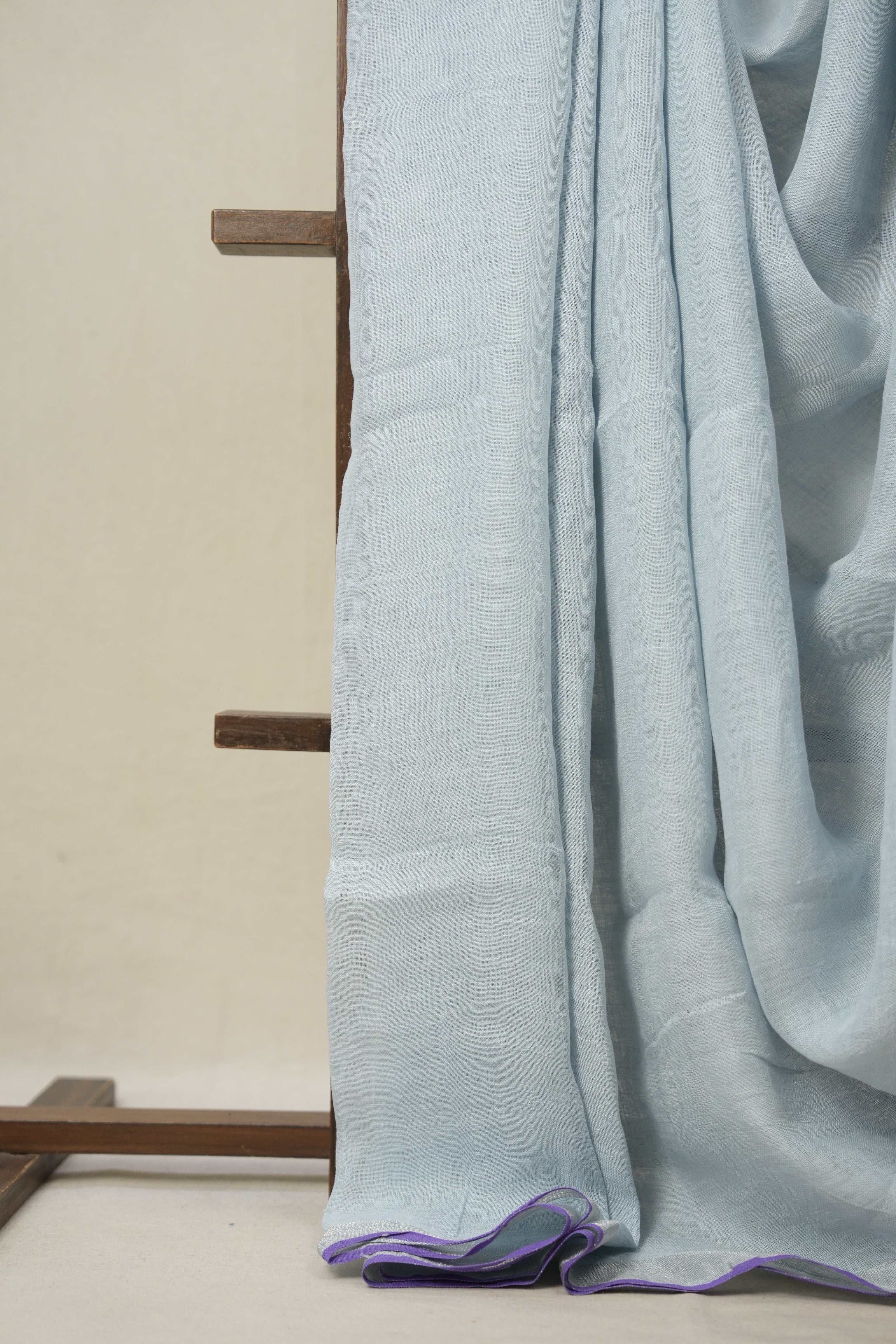 Pastel Sky Blue Plain Linen Saree With Purple Tassels -SRPSBPLS469
