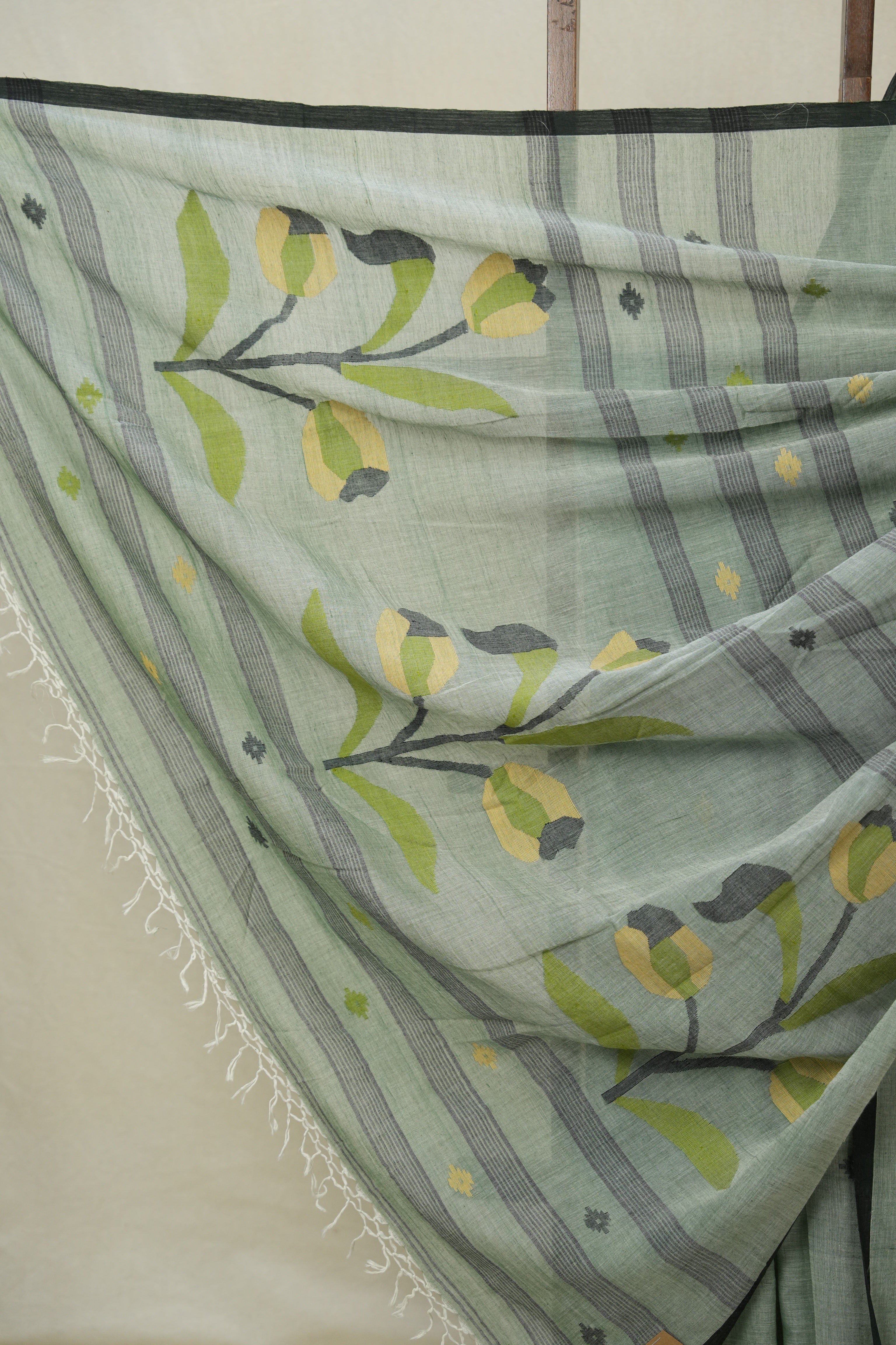 Sage Green Mul Bengal Cotton Jamdani Saree - SRSGBCJS216
