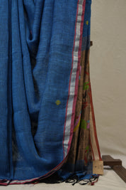 Peacock Blue Linen Jamdani Saree - SRPBLJS491