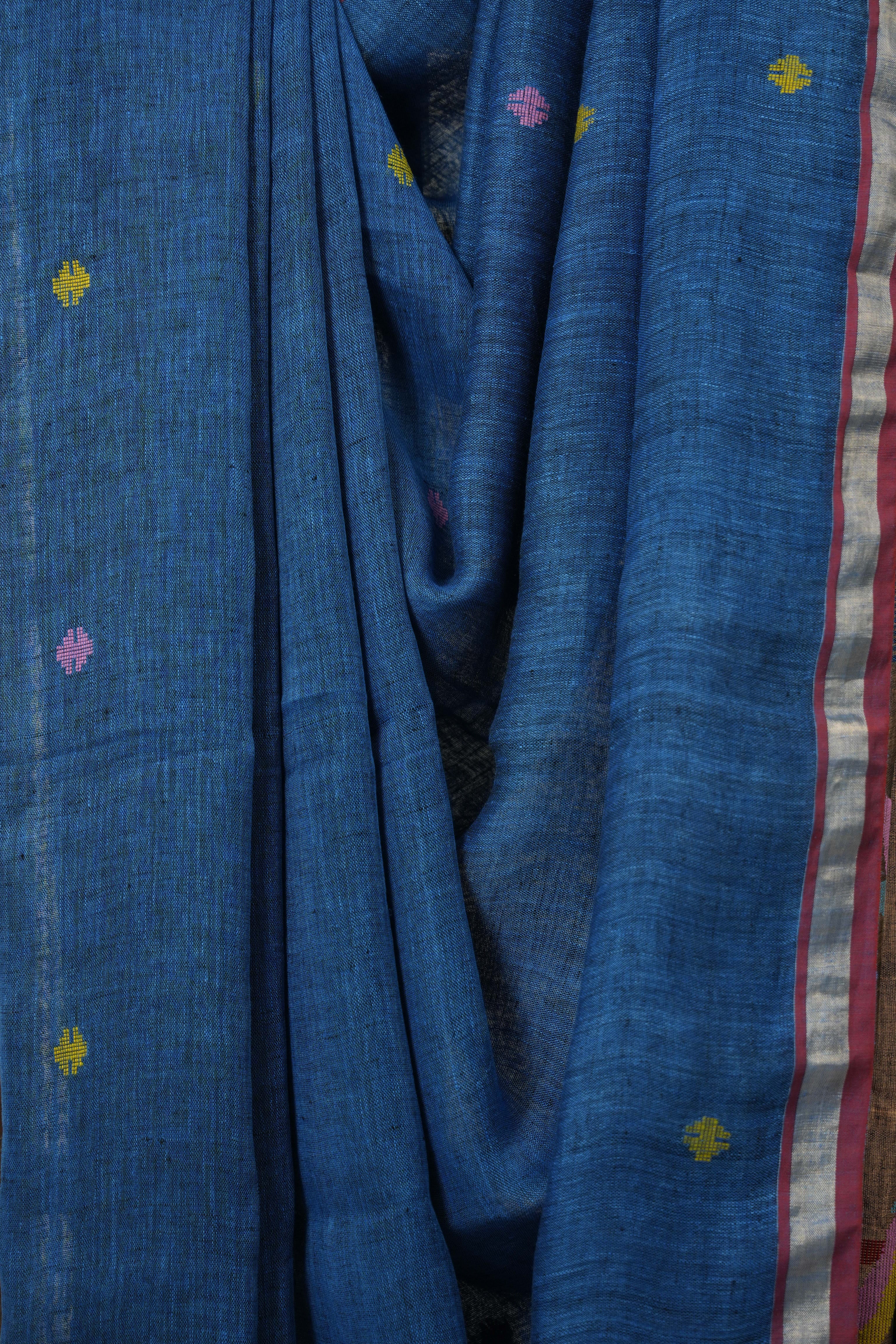 Peacock Blue Linen Jamdani Saree - SRPBLJS491