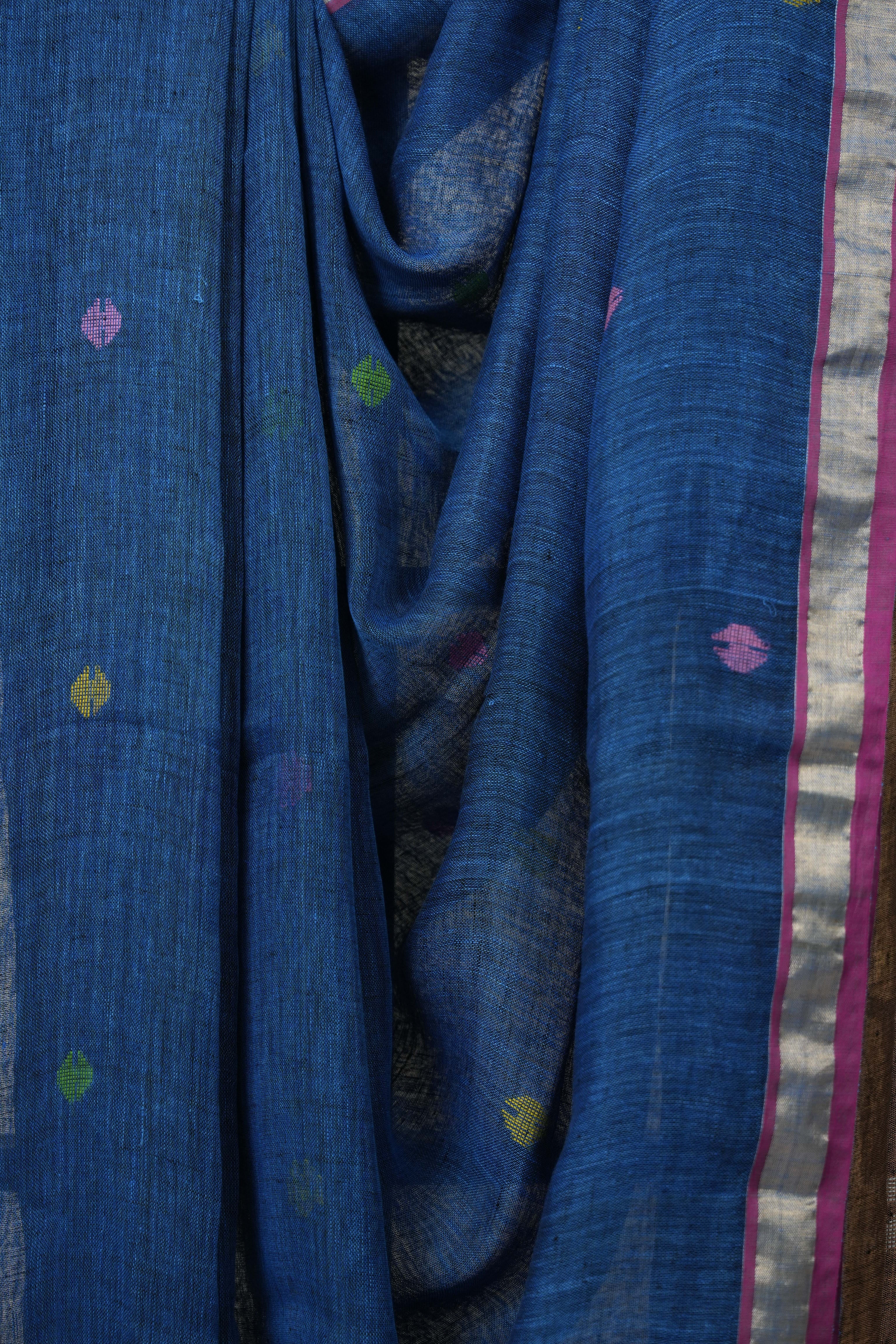 Peacock Blue Linen Jamdani Saree - SRPBLJS490