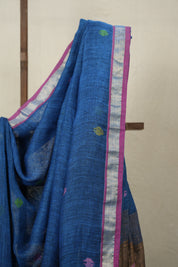 Peacock Blue Linen Jamdani Saree - SRPBLJS490