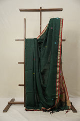 Bottle Green Linen Jamdani Saree - SRBGLJS488