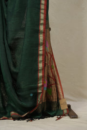 Bottle Green Linen Jamdani Saree - SRBGLJS488