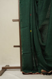 Bottle Green Linen Jamdani Saree - SRBGLJS488