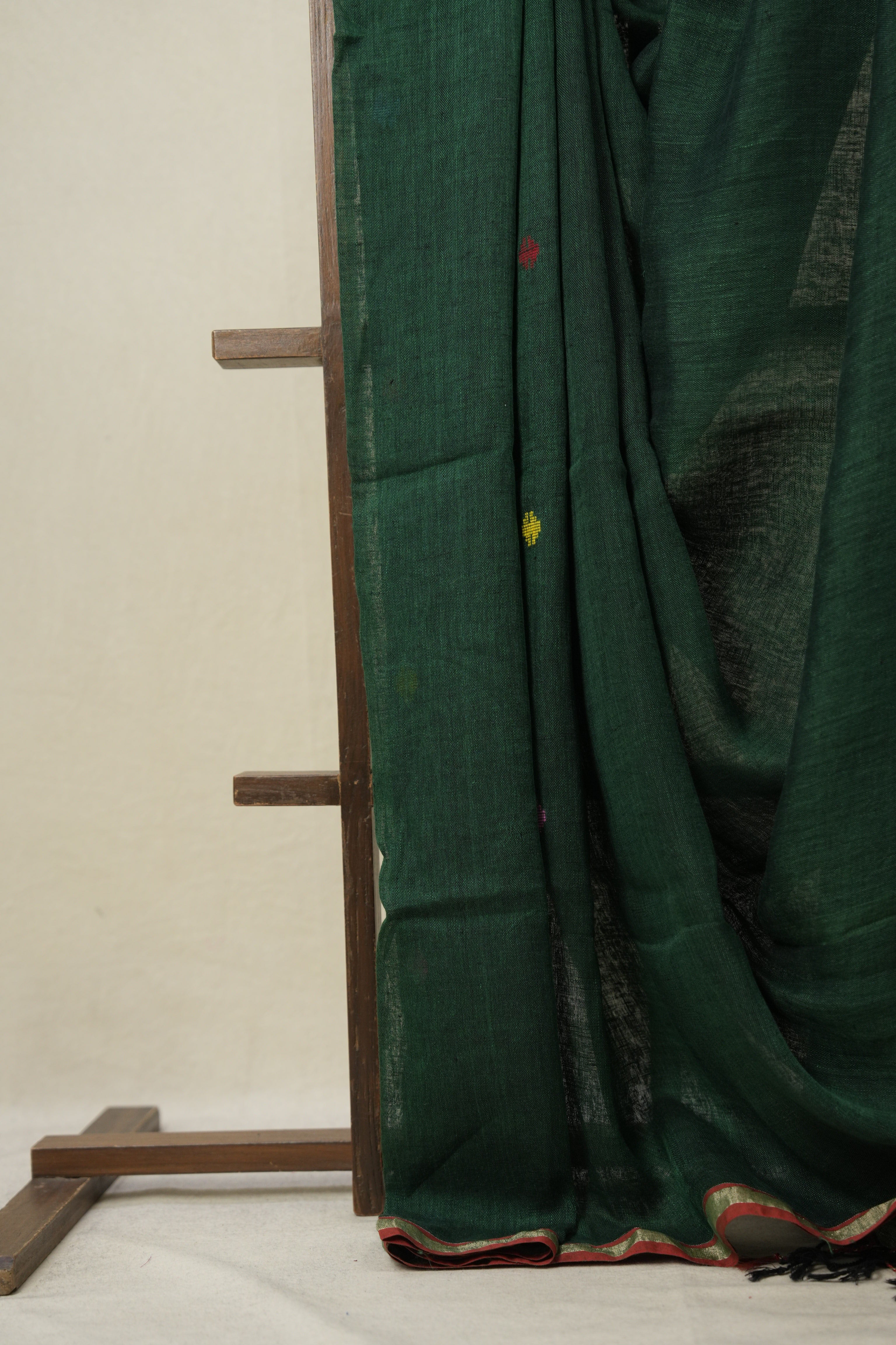 Bottle Green Linen Jamdani Saree - SRBGLJS488