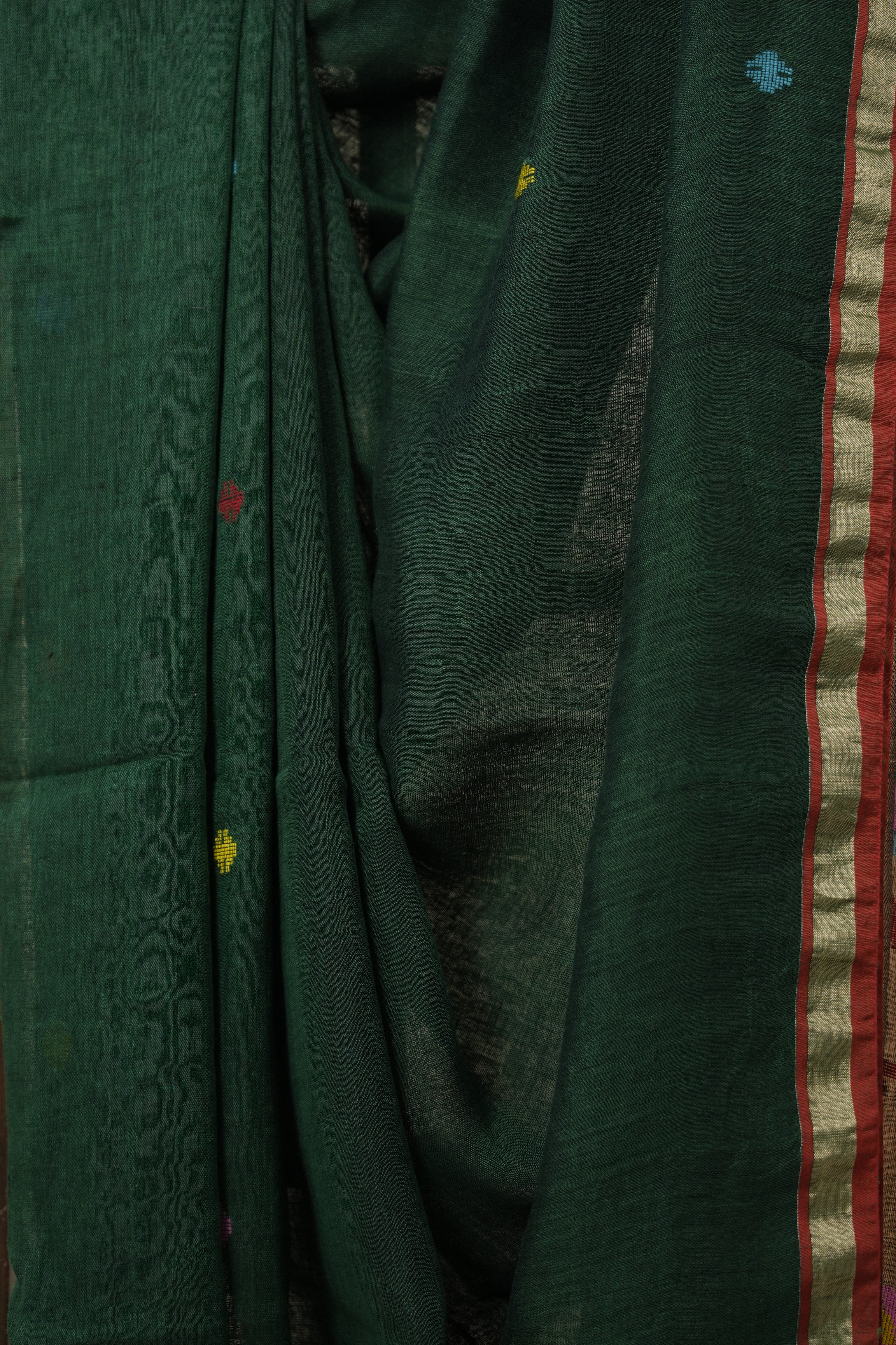 Bottle Green Linen Jamdani Saree - SRBGLJS488