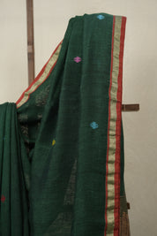 Bottle Green Linen Jamdani Saree - SRBGLJS488