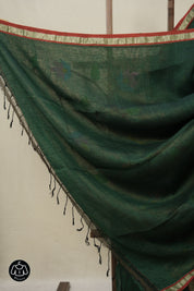 Bottle Green Linen Jamdani Saree - SRBGLJS488